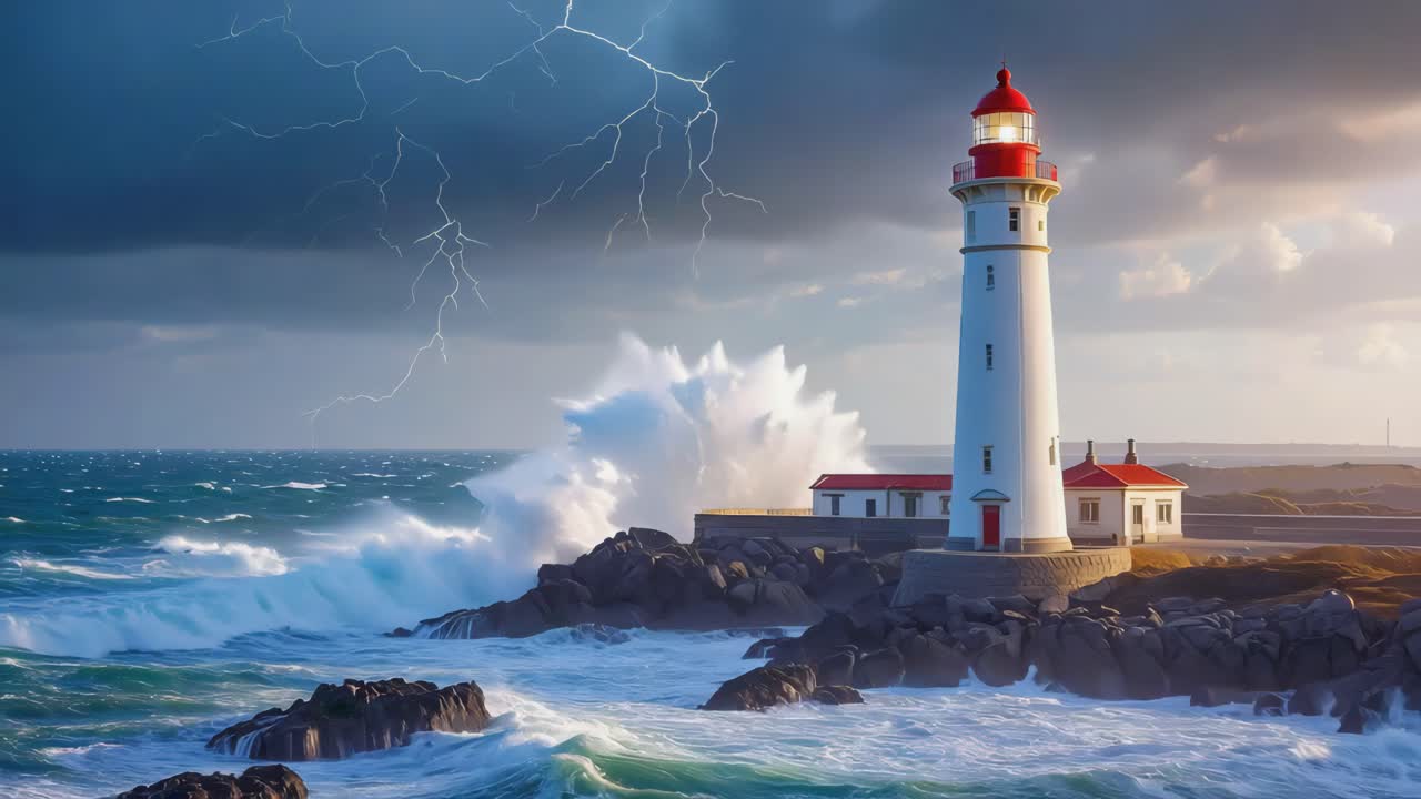 Lighthouse in a Stormy Sea with Lightning