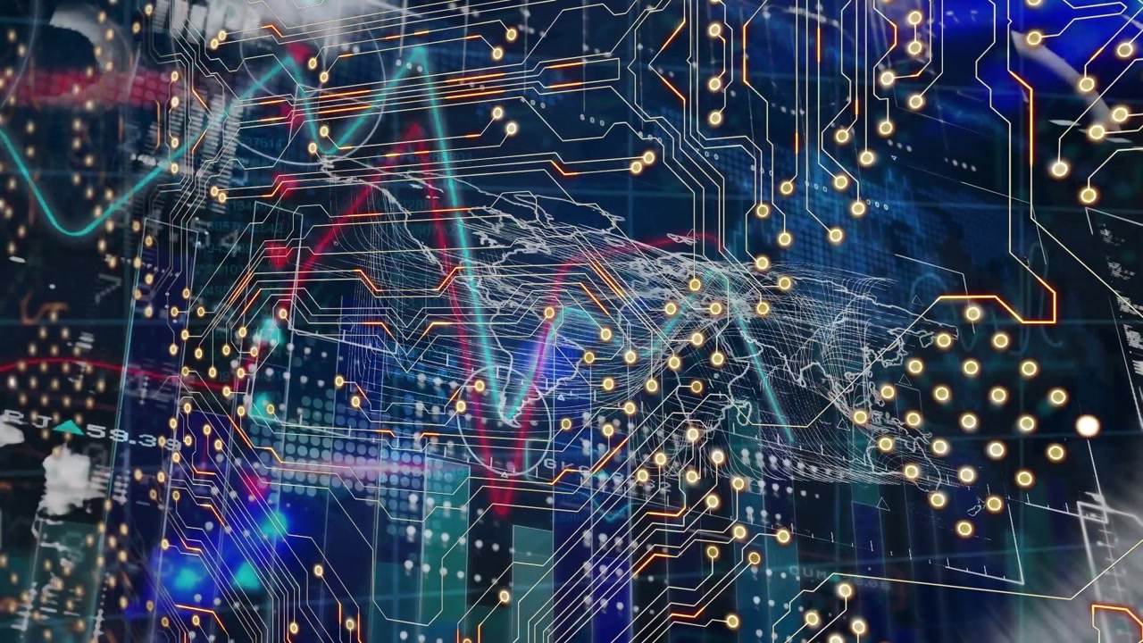 Animation of integrated circuit over graphs and world map on digital screen