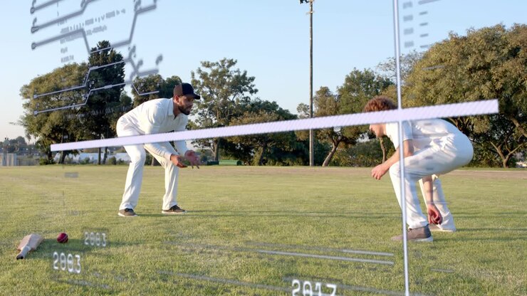 Dois homens praticando exercícios de treinamento esportivo; o jogador da esquerda pegando uma bola vermelha; linha do tempo mostrando a passagem dos anos