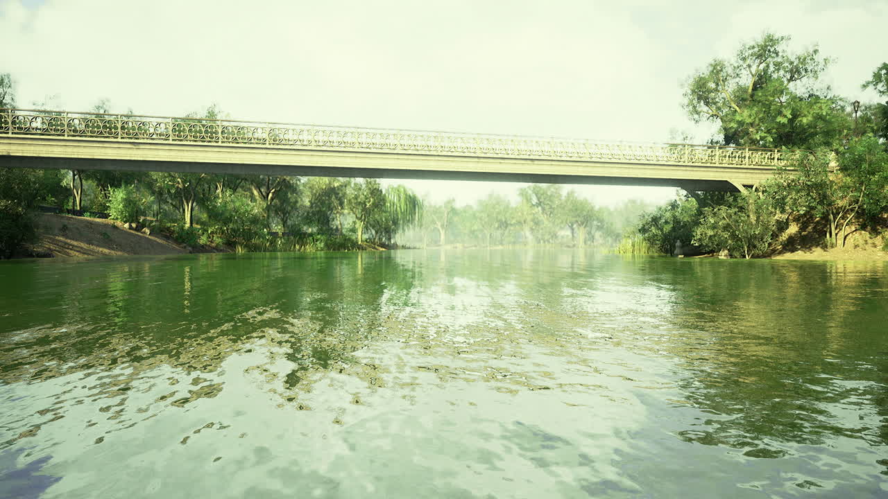푸른 나무로 둘러싸인 조용한 다리 의 아름다운 강