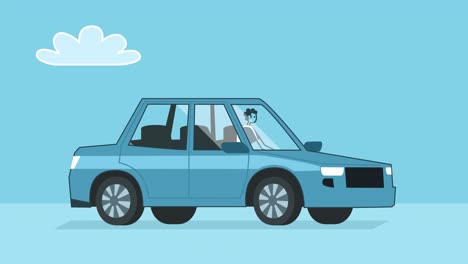 hombre viaja en coche azul. coche de dibujos animados de diseño plano y personaje aislado bucle animación 2d