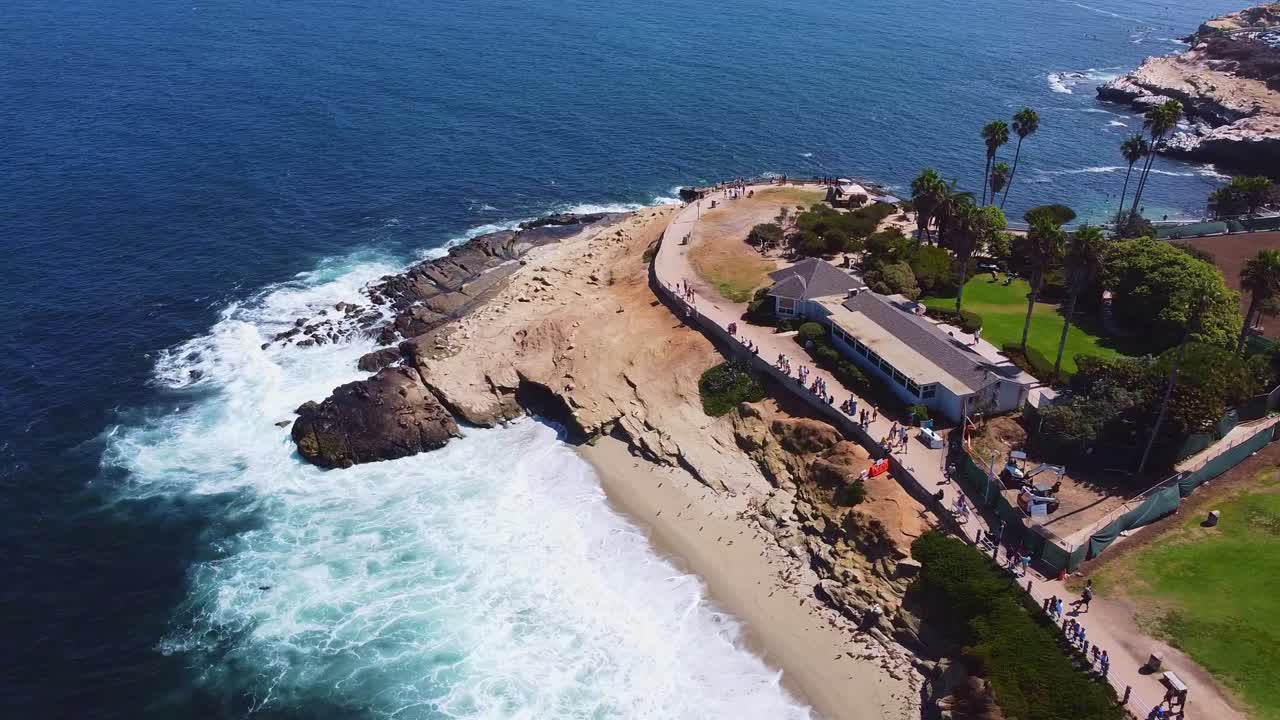 Vista aérea circular de La Jolla mientras la gente observa a los lobos marinos nadar y tomar el sol en las rocas