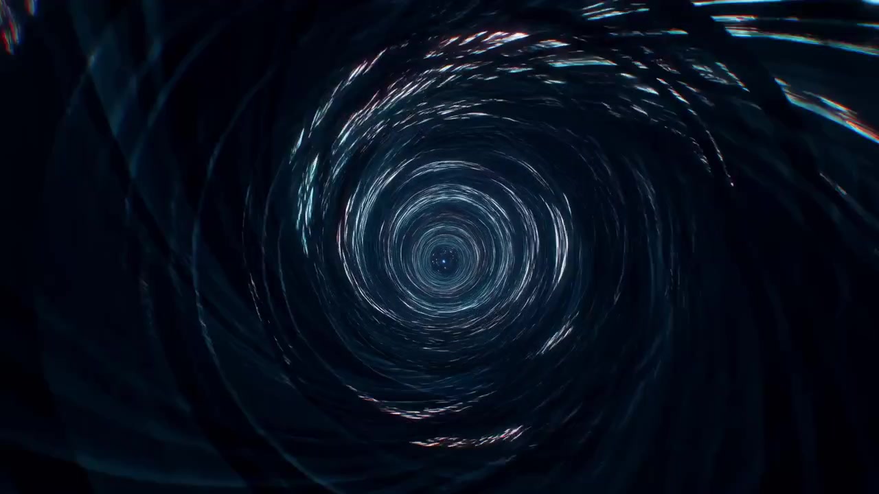 Mørk hvirvlende vortextunnel med glødende energibånd. Filmisk ormehulsspiral trækker mod fjern kerne.
