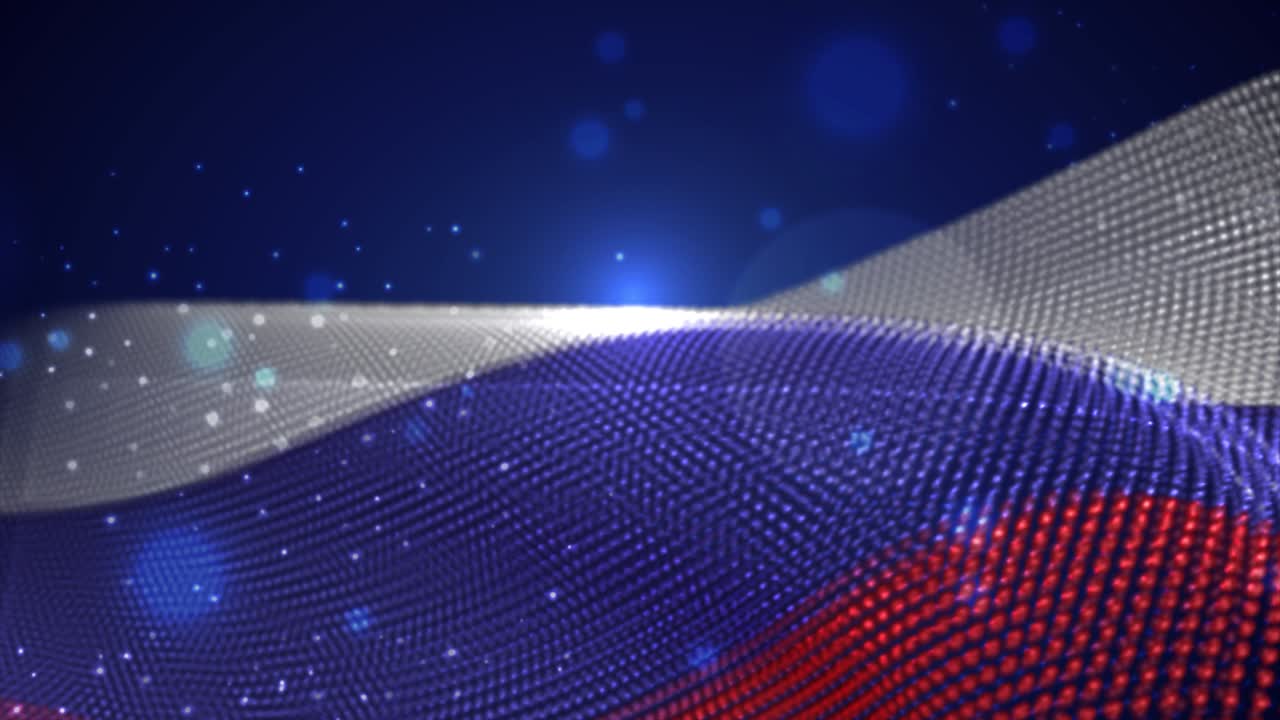 Russia waving flag on blue background with bright flares, motion loop