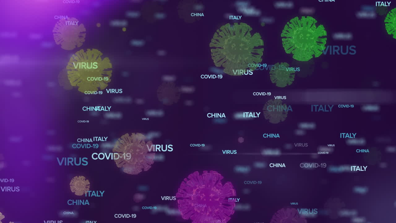 animación de covid 19, texto del virus y nombres de países sobre células de covid 19 en fondo púrpura