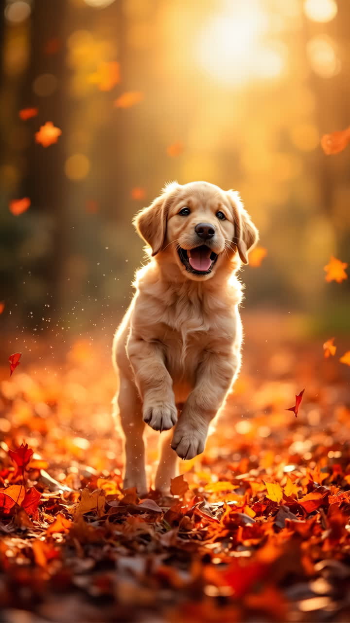 Golden Retriever Puppy Playing in Autumn Leaves
