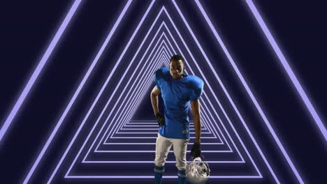 animation of american football player holding helmet over neon triangle tunnel