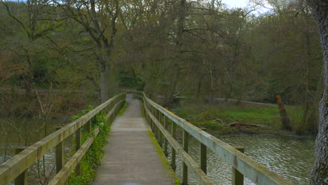 Lange-Und-Leere-Holzbrücke-über-Den-Fluss-Im-Waldpark