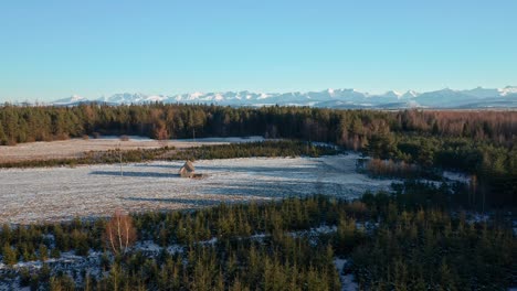 Holzhaus-Inmitten-Winterlicher-Felder-Am-Wald-In-Der-Nähe-Von-Podczerwone-Mit-Schneebedeckten-Bergen-Im-Hintergrund