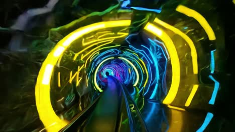 glowing neon tunnel features vibrant, colorful lights, creating an abstract and futuristic atmosphere with dynamic motion