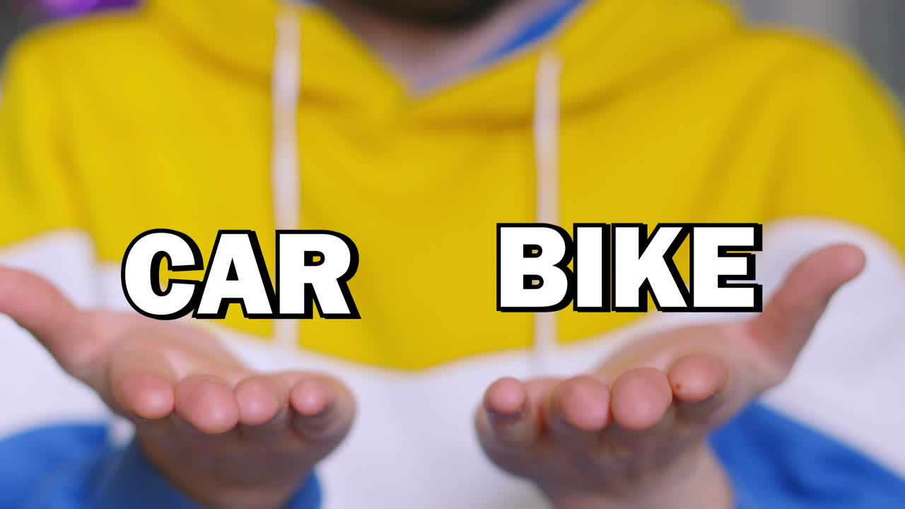 CAR BIKE Choice Text Appearing on Male Hands and Tracking with Up and Down Movement. Visual Illustration of Two Options and Weighing Up Decision with Pros and Cons.