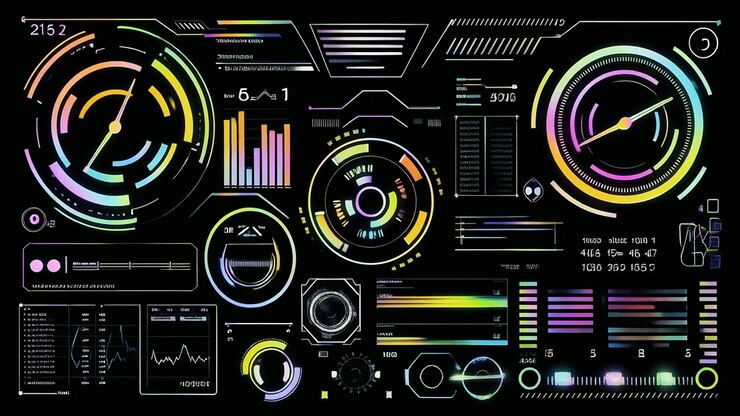 Antarmuka Pengguna Futuristik Animasi dengan Visualisasi Data Berwarna-warni