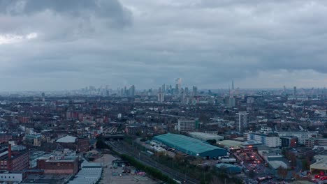 Aerial-drone-slider-shot-towards-central-London-skyline-from-up-market-residential-buildings