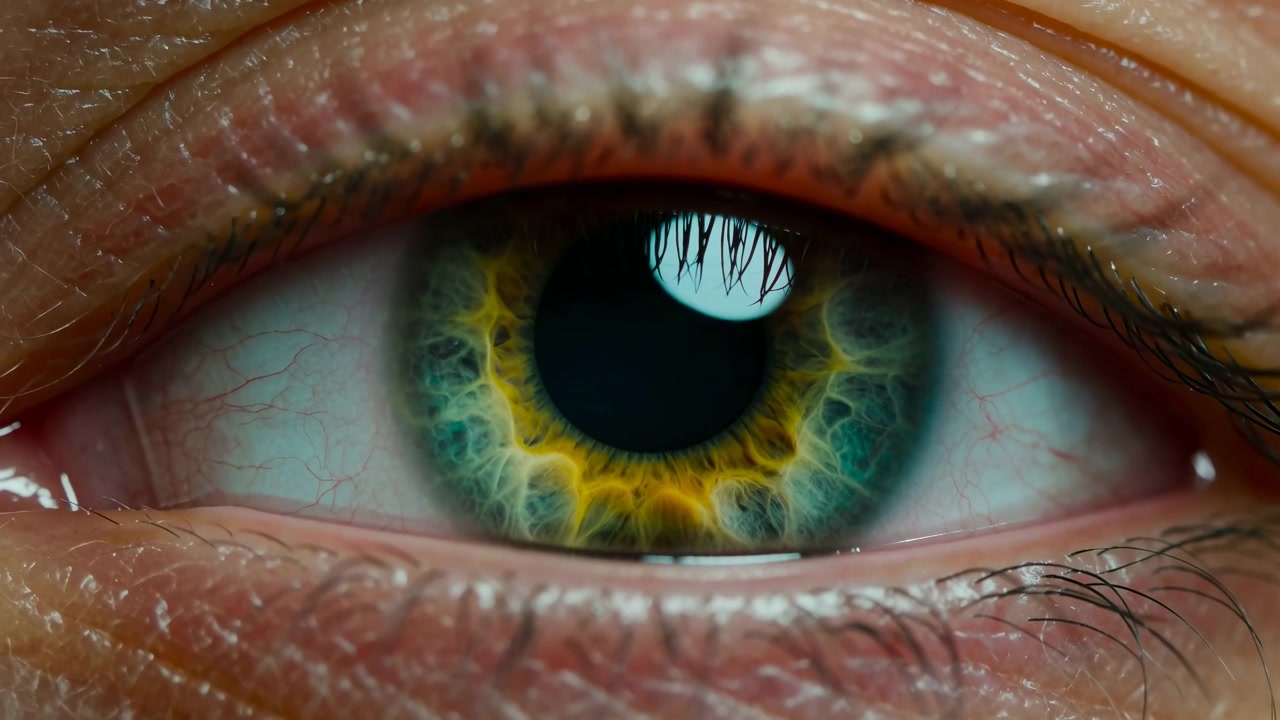 As pálpebras levantam-se gradualmente ao redor de um olho detalhado, enquanto fibras coloridas da íris, pequenos vasos superficiais, cílios e reflexos úmidos permanecem centralizados sob tons de pele quentes ao redor
