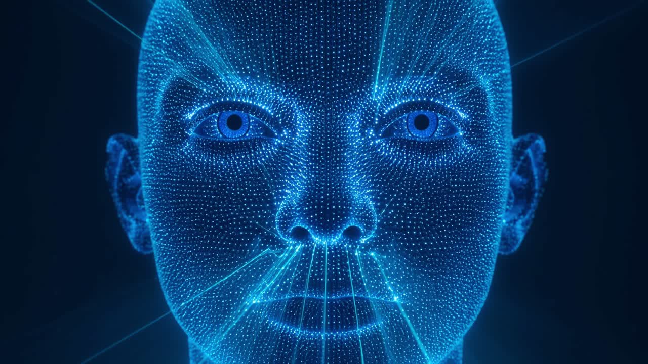 Artificial Intelligence Face with Glowing Blue Grid