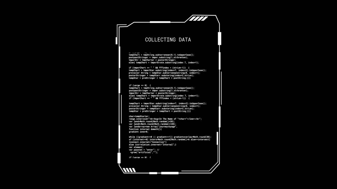Animation of glitching interface with collecting data text, processing on black background