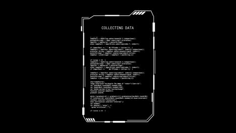 animation of glitching interface with collecting data text, processing on black background