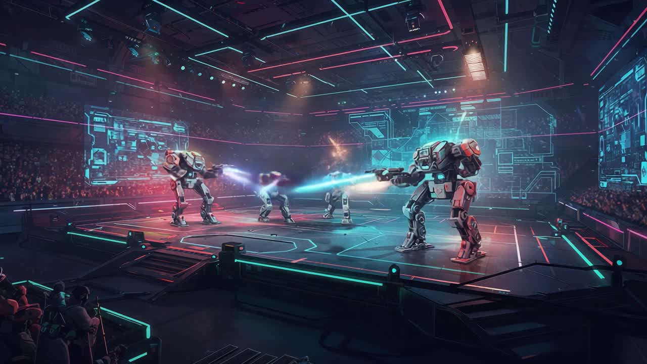 An Epic Showdown of Advanced Robots in a Futuristic Arena, Battling with High-Tech Weapons Amidst an Enthusiastic Crowd and Vibrant Neon Lights