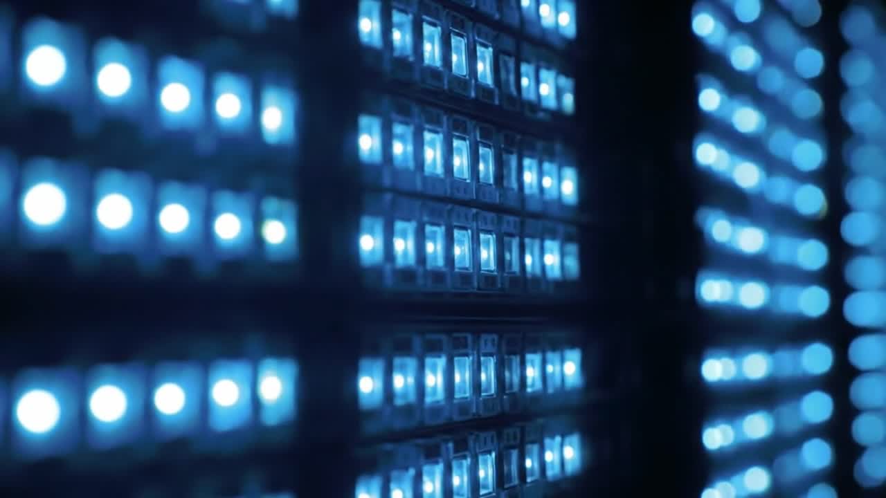 A close-up view showcases rows of illuminated server lights in a data center. The glowing blue lights highlight the technological sophistication and organization within the space.