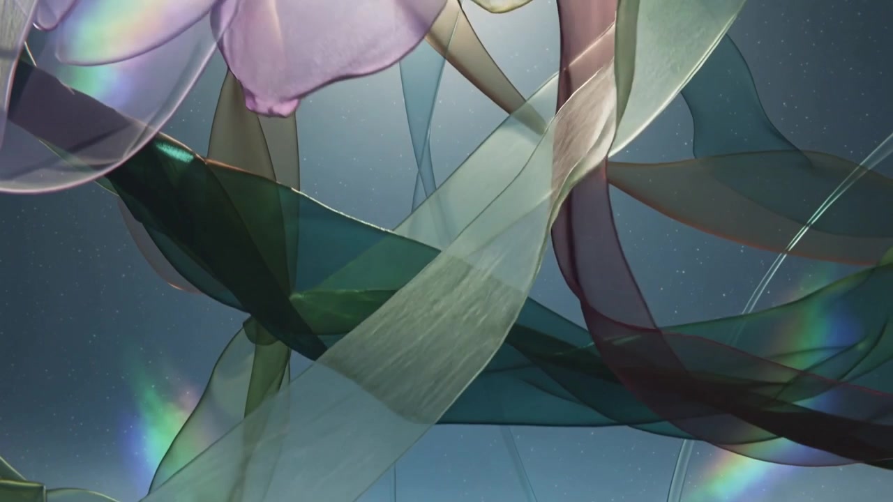Backlight rising, moving translucent ribbons and petals in studio tank, revealing clear droplets