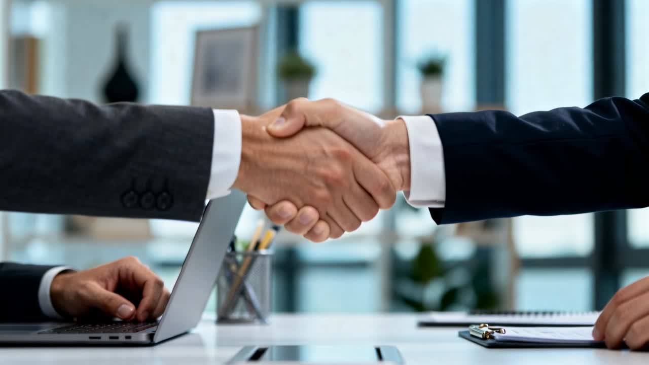 Stringendosi la mano, due uomini in abito concludono un affare dopo le trattative in ufficio con laptop e portablocco.