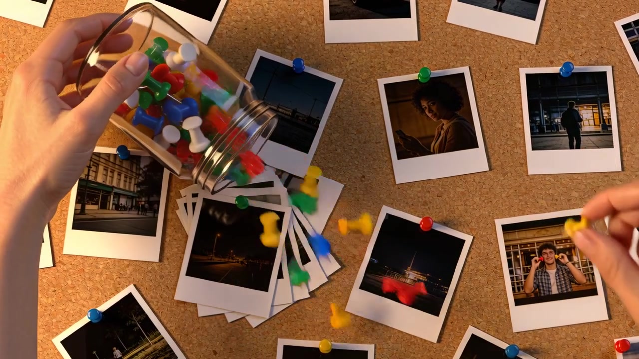Tilting jar, hands pouring colorful pins over corkboard tabletop, to rearrange Polaroid prints