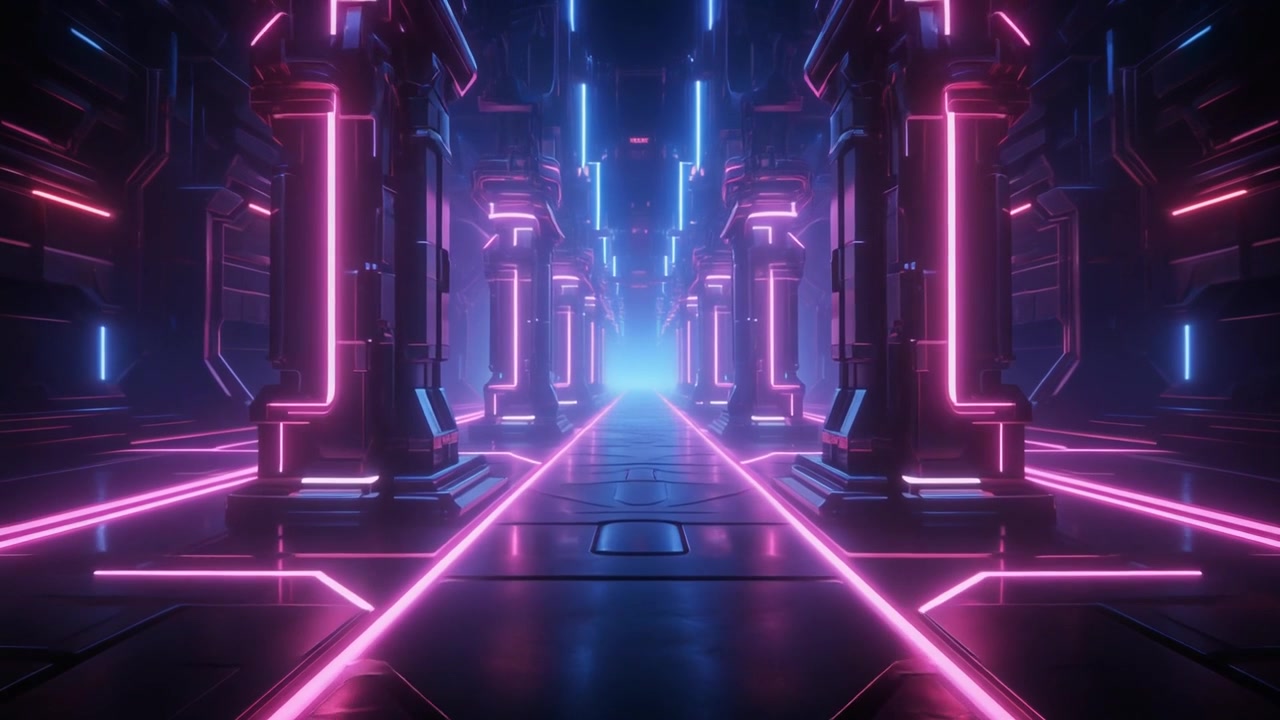 Corridoio Fantascientifico Futuristico con Luci al Neon Rosa e Blu Luminose