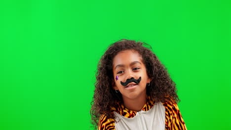 mustache, funny and costume with child in green