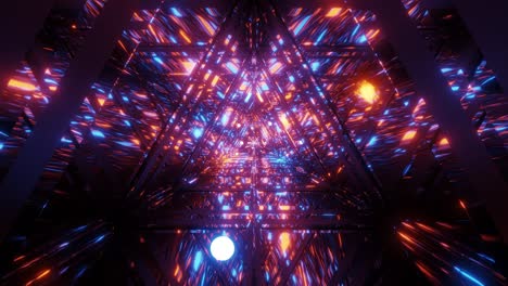 abstracto galaxia reflexión triángulo diseño de túnel de vidrio con partículas de esferas brillantes voladoras ilustración 3d en vivo papel tapiz movimiento fondo club visuales vj bucle
