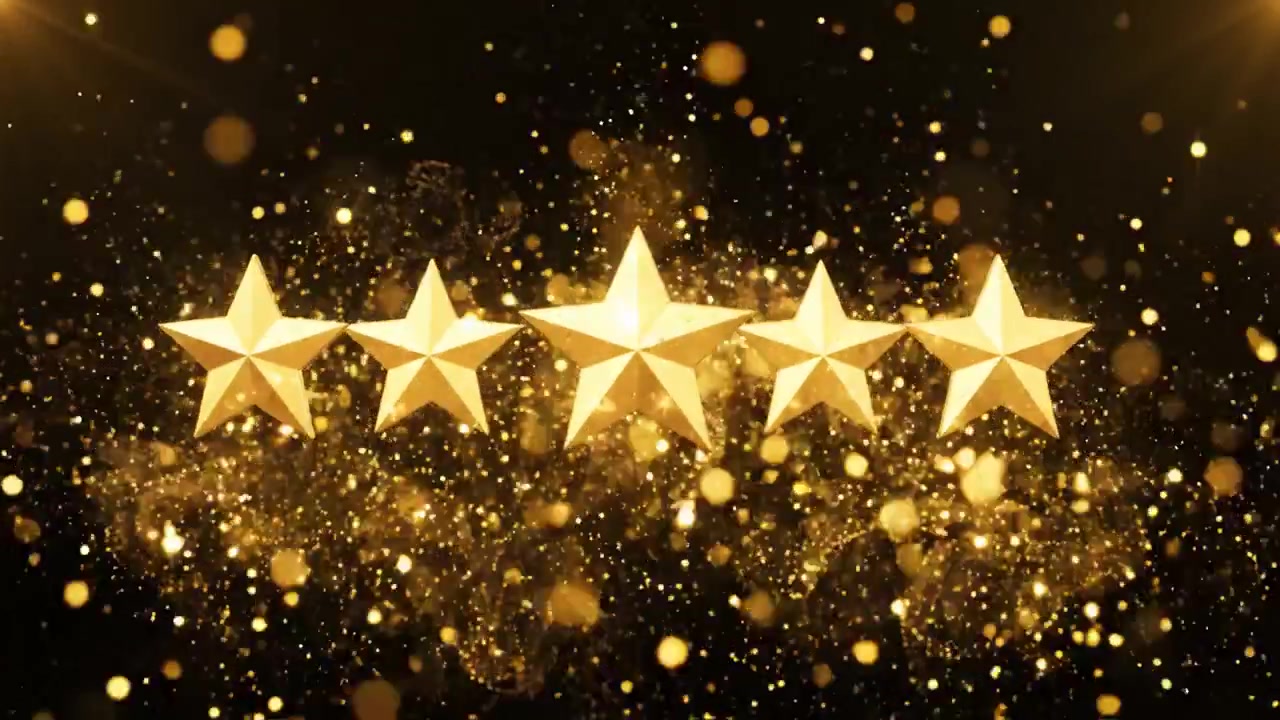 Uno sfavillante display di stelle dorate che brillano intensamente su sfondo scuro, rappresentando eccellenza, qualità e valutazioni elevate in vari contesti