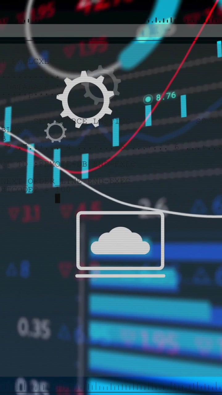 Animation of financial data processing with icons on black background