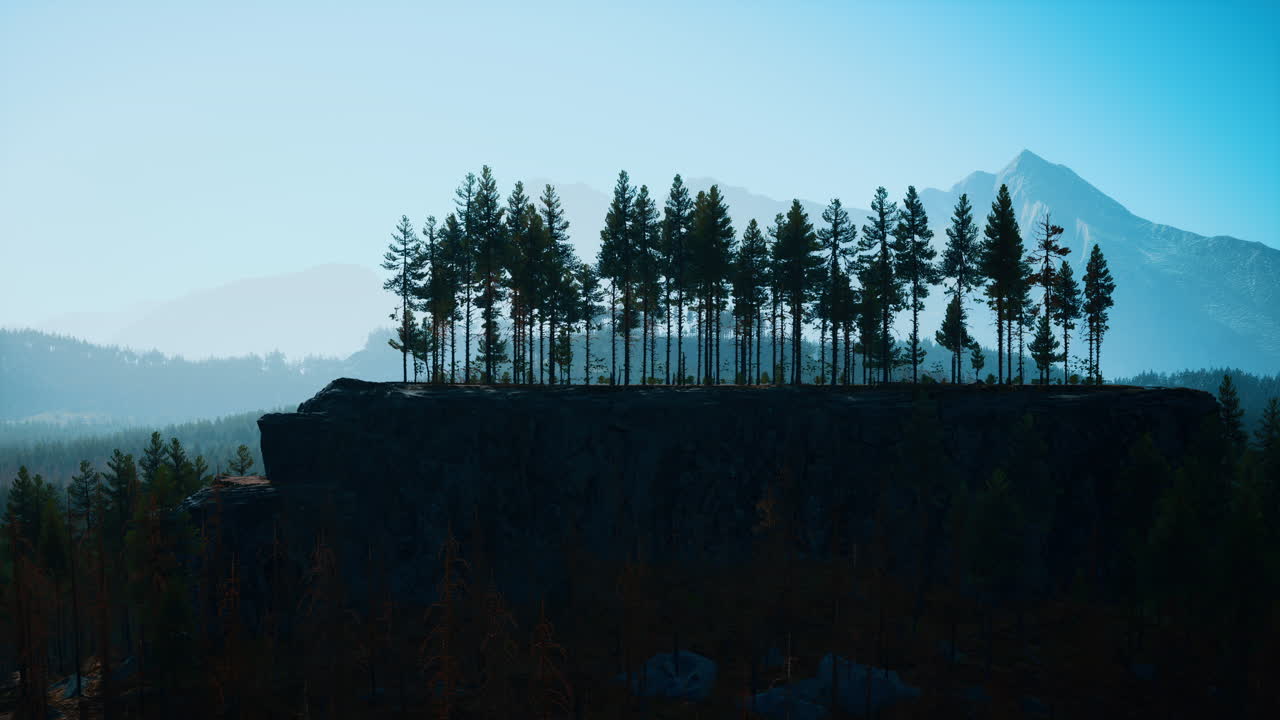 절벽 에 있는 소나무 들 이 있는 웅장 한 산악 풍경