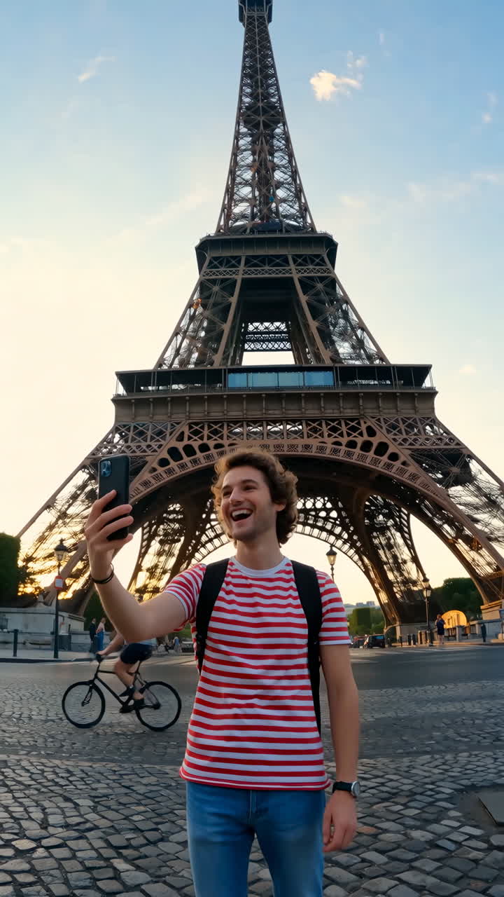 Uomo felice che si scatta un selfie davanti alla Torre Eiffel a Parigi al tramonto