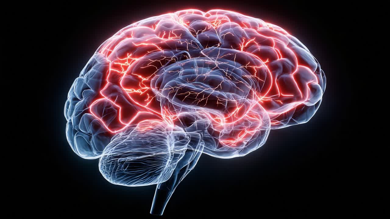 A Stunning Visualization of a Human Brain Highlighting Neural Activity and Connectivity Through Vibrant Electric Patterns in a Dark Background