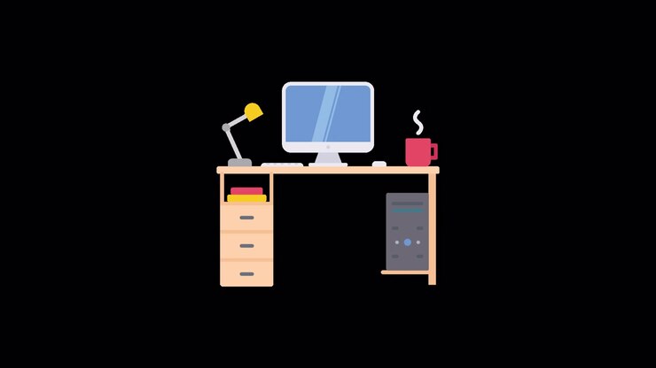Animated Office Desk Setup with Computer and Coffee Mug