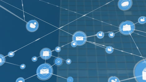 animation of network of connections with icons over cityscape