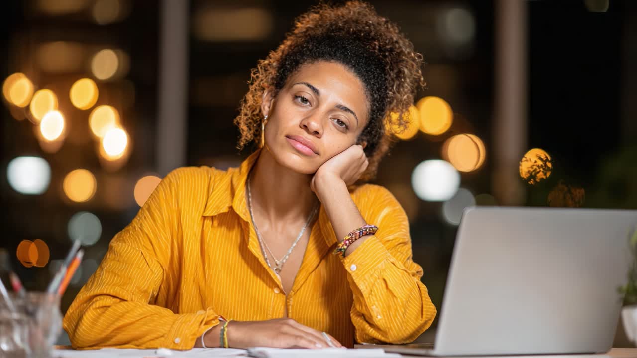 Contemplative Evening: A Young Woman in a Cozy Space Reflecting on Her Thoughts While Working at a Laptop Surrounded by Warm, Blurred Lights