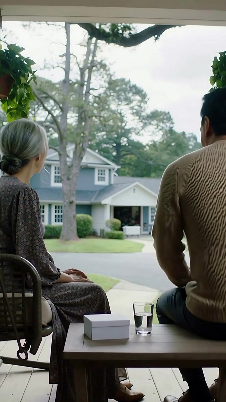 Vertical video: Placing man in beige knit putting white box and glass on porch woman watching
