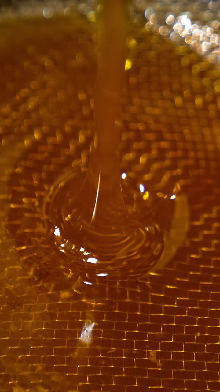 Golden flow of fresh honey leaking from machine. Honey pouring on the metal sieve for filtering from pieces of wax. Close up. Vertical video