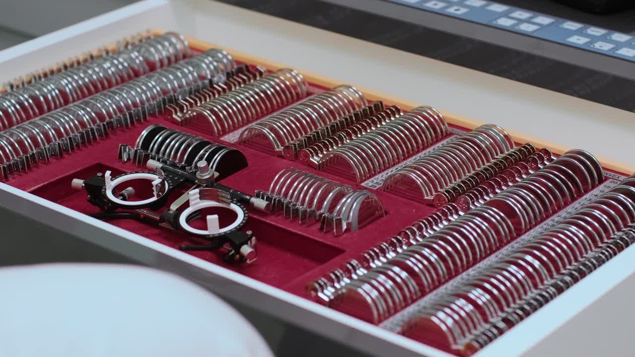 caso de marco de ensayo de optometrista. caja con diferentes lentes y marco para pruebas oculares. vista desde arriba. conjunto entero vista superior. diagnóstico de visión en clínica oftalmológica