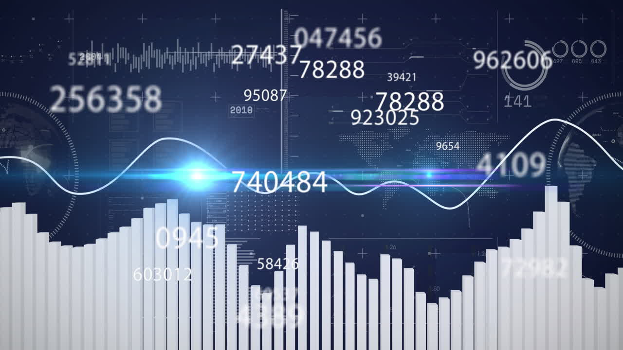 Animation of numbers changing and statistics on blue background