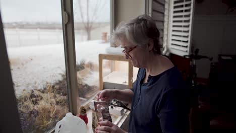 Mujer-Madura-Agrega-Fertilizante-Al-Agua-Para-Su-Jardín-Hidropónico-Interior-En-Un-Día-De-Nieve