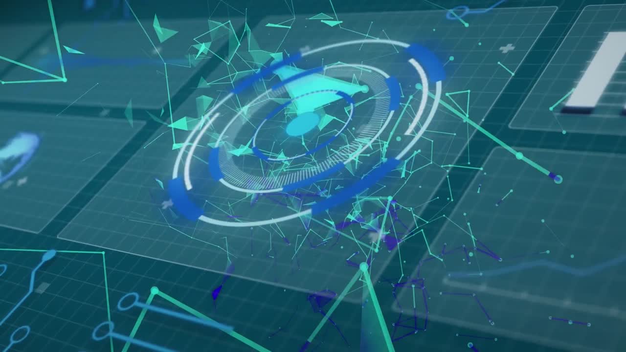 녹색 디지털 공간에서 다양한 모양과 데이터에 대한 회전 보안 시스템의 애니메이션