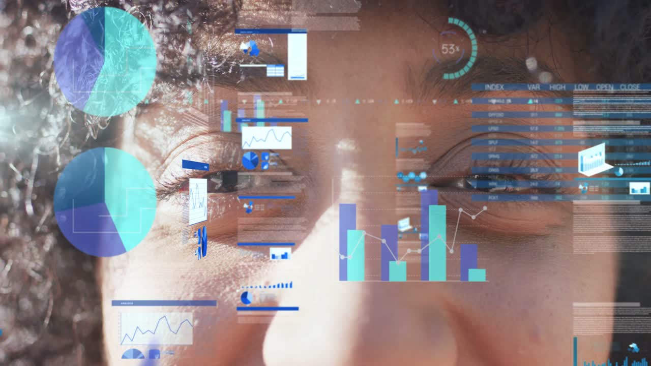 Woman gazing, blinking and activating HUD, panels denser, overlaying pie, bar, line charts for data