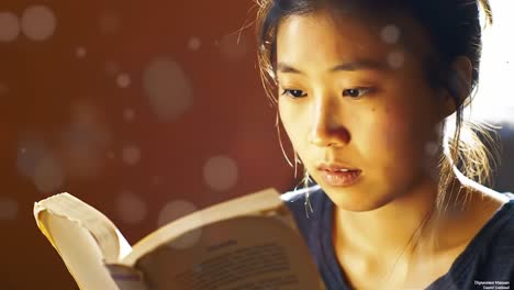 a young woman immersed in reading a book, absorbed in the world of literature and the inner thoughts sparked by the written word in a soft, dreamy atmosphere