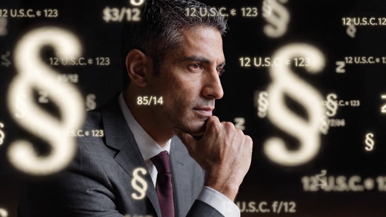 Contemplazione di Legge e Finanza: Un uomo d'affari in profonda riflessione tra simboli legali che riflettono le complessità della finanza e della regolamentazione nel mondo odierno.
