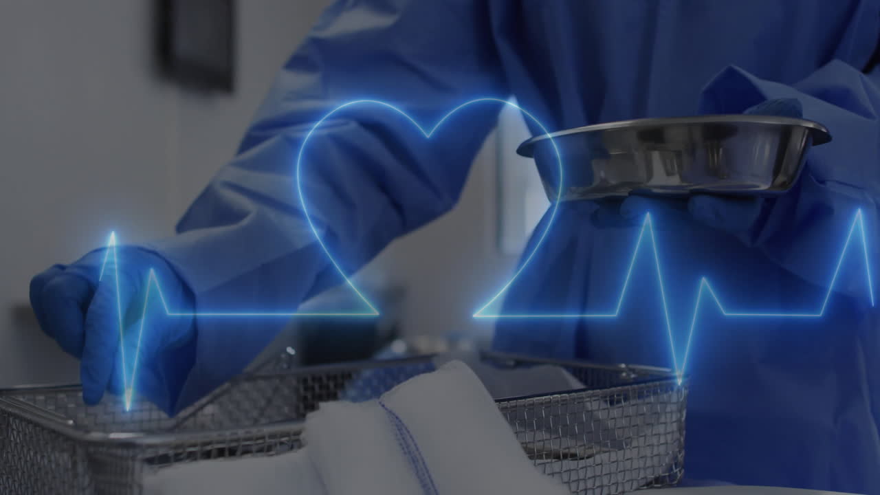 Medical professional handling instruments, heart rate animation over surgical setting
