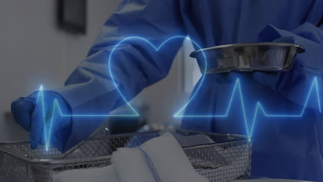 medical professional handling instruments, heart rate animation over surgical setting