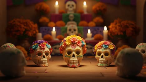 a vibrant display of decorated skulls celebrating life and death in a colorful altar scene, illuminated by flickering candles and surrounded by marigold flowers