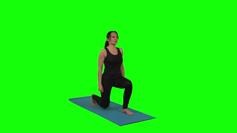 fitness woman doing lunges exercises for leg muscle workout training on green screen at studio